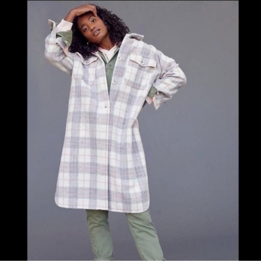 Anthropologie Plaid Long Shacket in Soft Gray & Cream